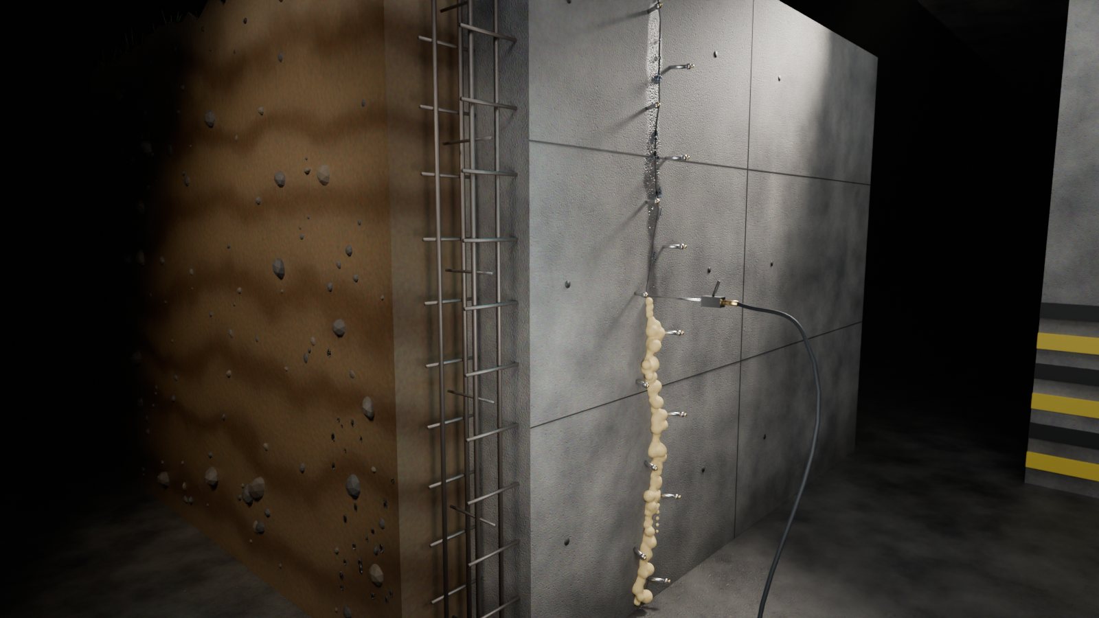 Render de una inyección de poliuretano: muro en corte con su armadura, packers en la fisura, la resina aflorando y la manguera conectada